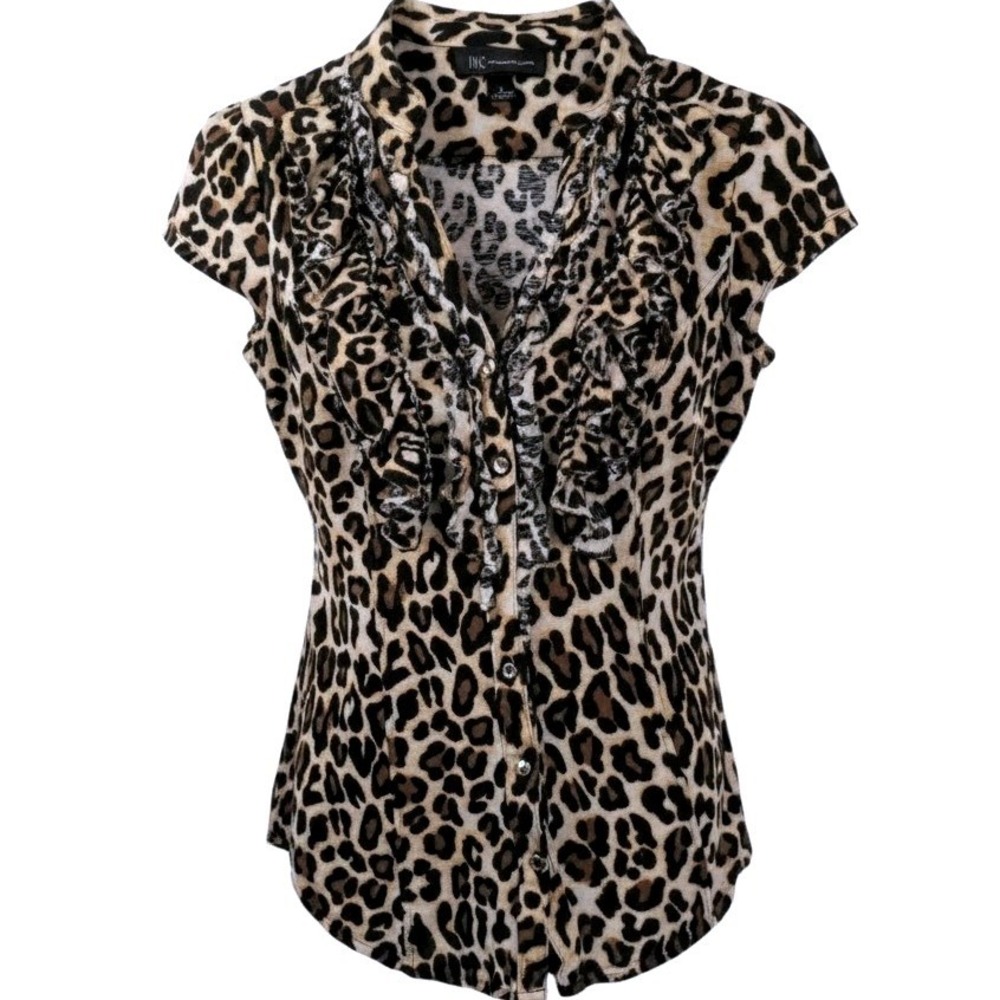 INC Women S Ruffle Front Leopard Print 100% Rayon Brown Mob Wife Office Siren - Picture 2 of 9